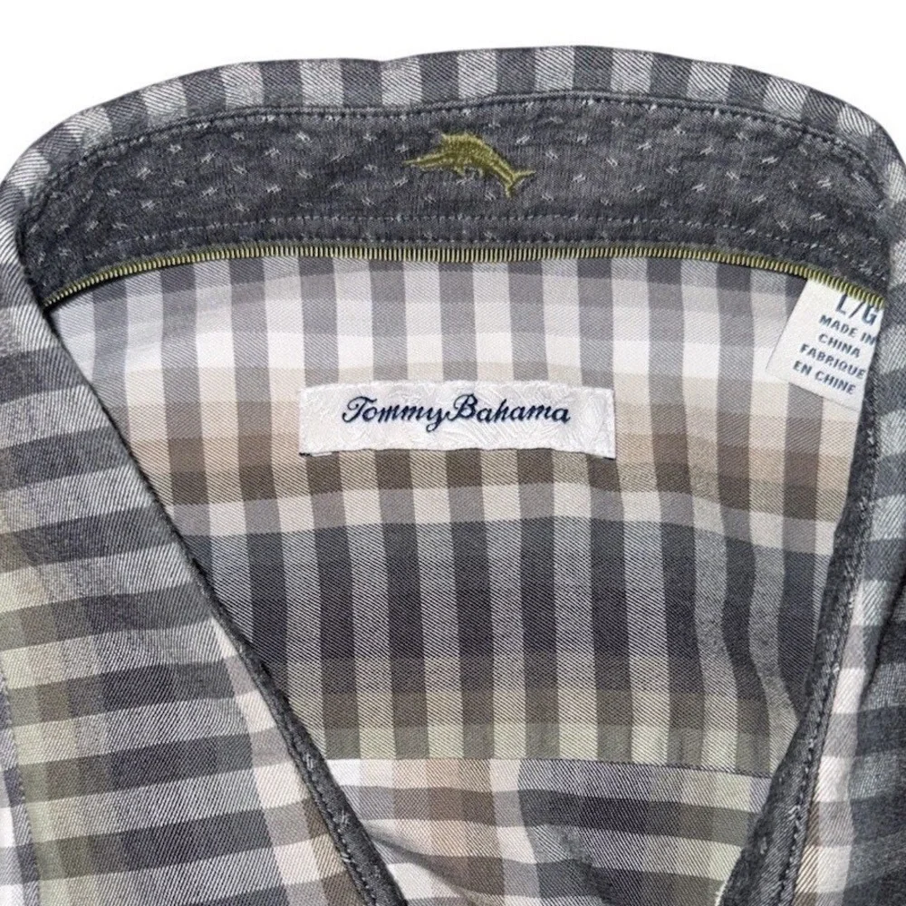 Tommy Bahama Mens Green Tan Striped Shirt Size L Date Night Casual Dancing Club